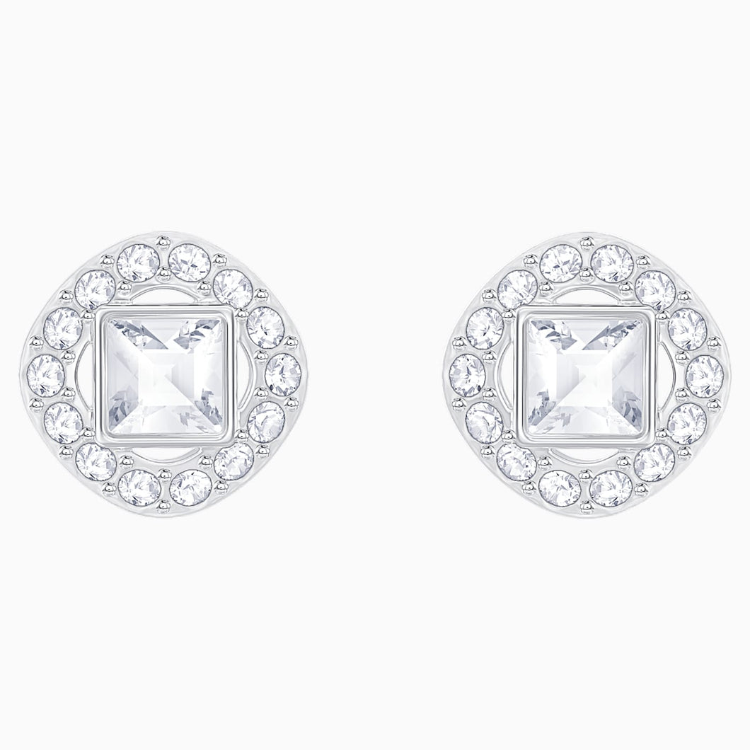 ANGELIC SQUARE PIERCED EARRINGS, WHITE, RHODIUM PLATED