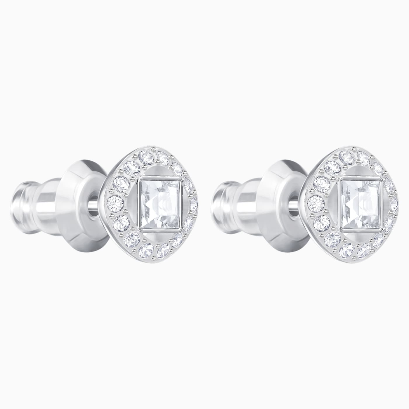 ANGELIC SQUARE PIERCED EARRINGS, WHITE, RHODIUM PLATED