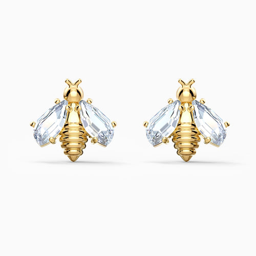 ETERNAL FLOWER BEE PIERCED EARRINGS, WHITE, GOLD-TONE PLATED