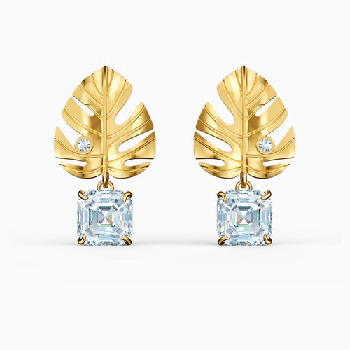 TROPICAL LEAF PIERCED EARRINGS, WHITE, GOLD-TONE PLATED