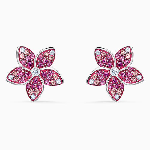 TROPICAL FLOWER PIERCED EARRINGS, PINK, RHODIUM PLATED