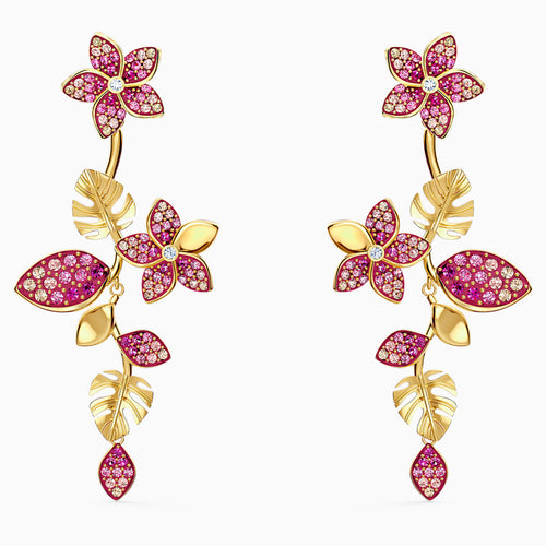 TROPICAL FLOWER PIERCED EARRINGS, PINK, GOLD-TONE PLATED