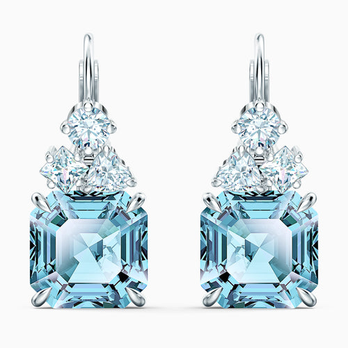 SPARKLING PIERCED EARRINGS, AQUA, RHODIUM PLATED