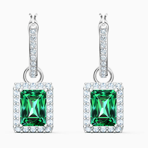 ANGELIC RECTANGULAR PIERCED EARRINGS, GREEN, RHODIUM PLATED