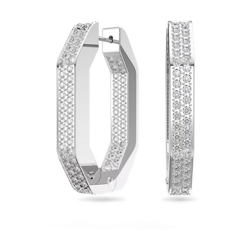 Dextera hoop earrings Octagon, Pavé, Medium, White, Rhodium plated