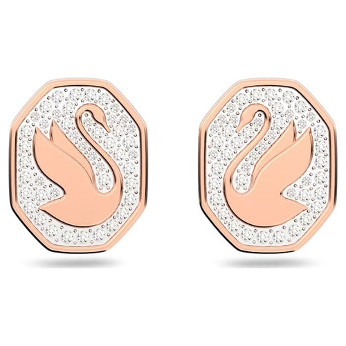 Signum stud earrings Swan, White, Rose gold-tone plated