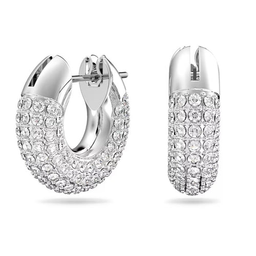 Dextera hoop earrings Pavé, Small, White, Rhodium plated