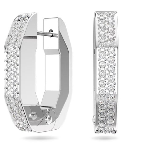 Dextera hoop earrings Octagon, Pavé, Small, White, Rhodium plated